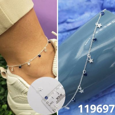 TOBILLERAS DE PLATA 925 PUNTO DE LUZ AZUL Y ESTRELLAS 22 A 25CM LARGO