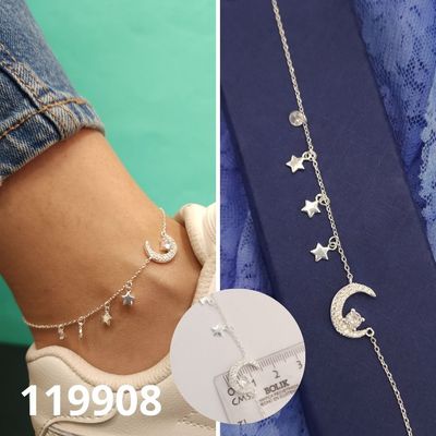 TOBILLERA DE PLATA 925 LUNA Y ESTRELLAS 22 A 25 CM LARGO