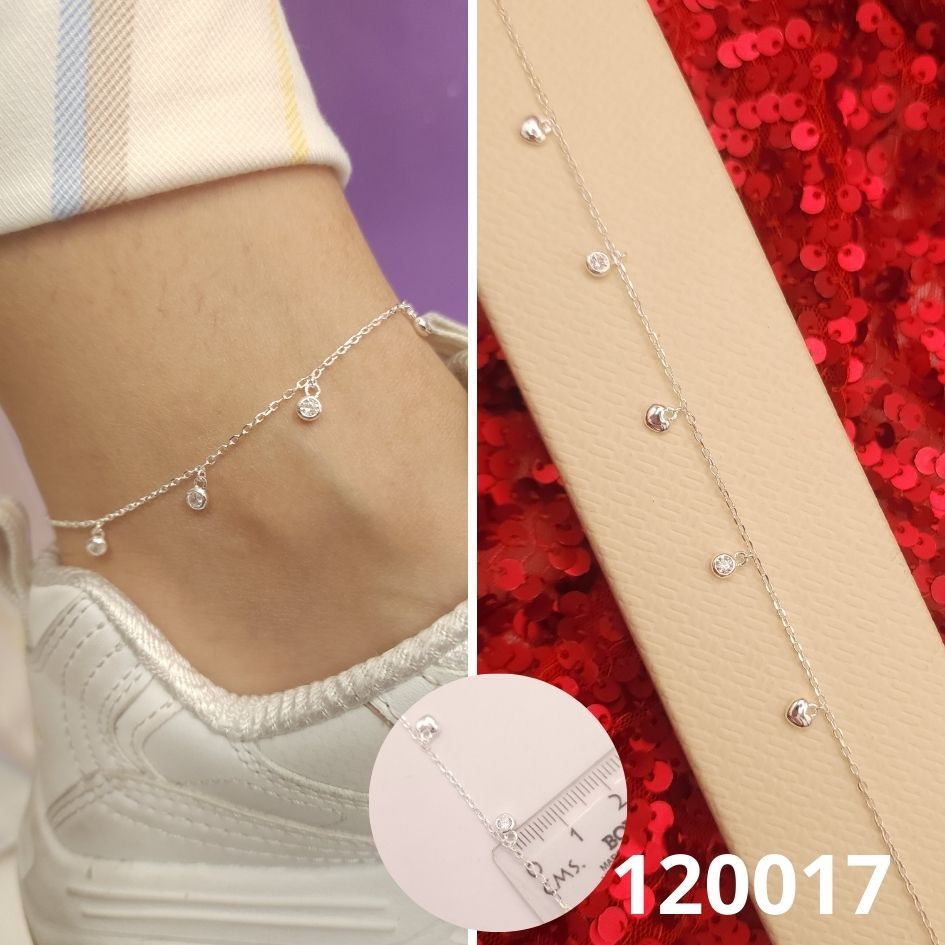 TOBILLERA DE PLATA 925 CORAZONES Y PUNTOS DE LUZ 22 A 25CM LARGO