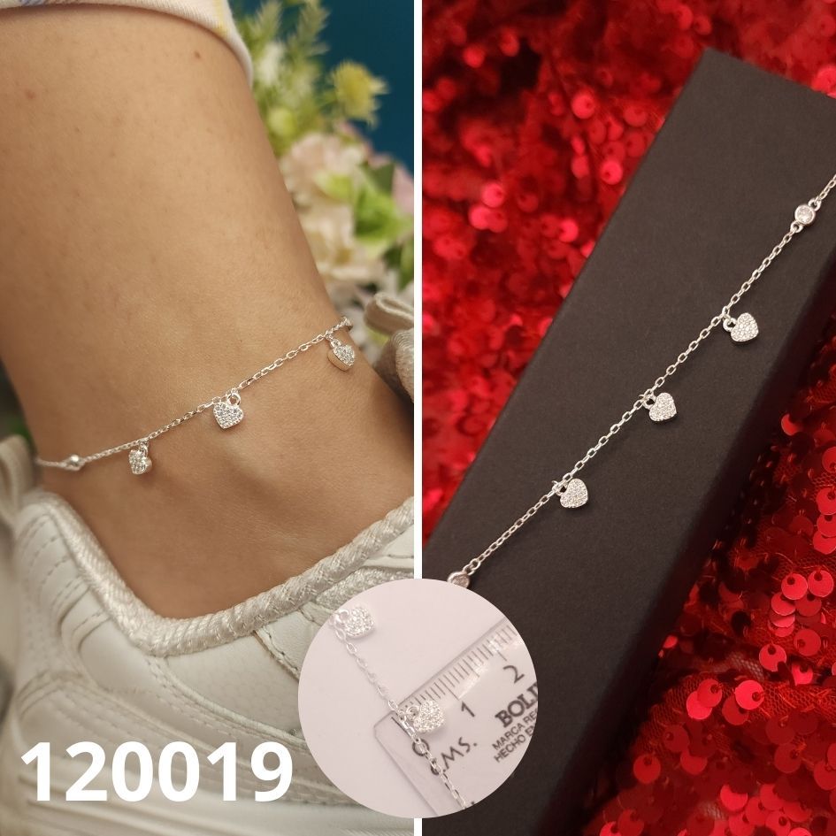 TOBILLERA DE PLATA 925 CORAZONES 22 A 25CM LARGO