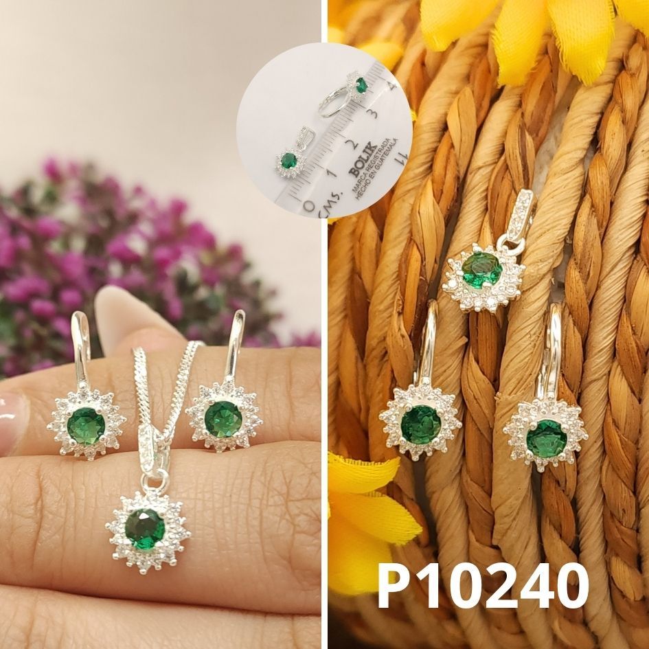JUEGO DE PLATA 925 ARETES TRABADOR ESPAÑOL Y DIJE VERDE