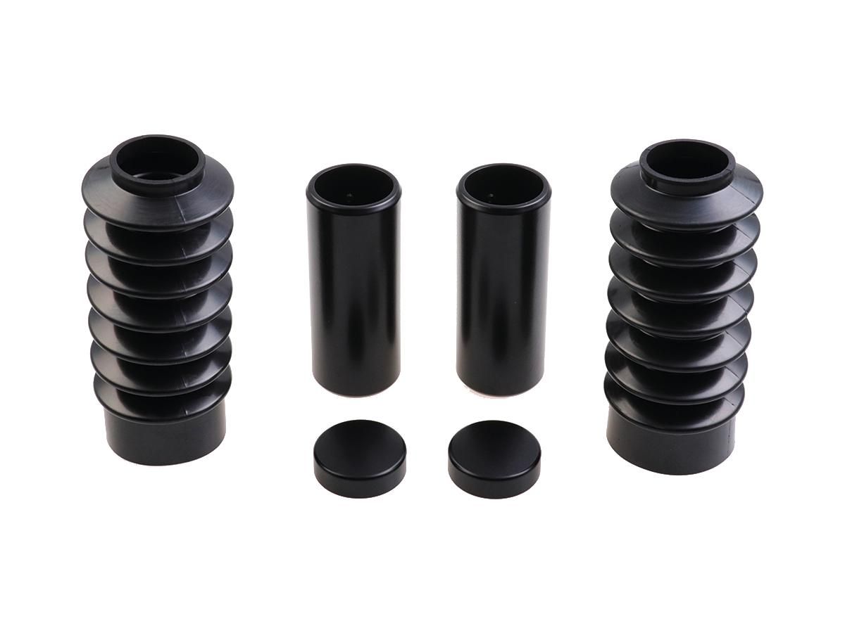 6-Piece Fork Covers with lower Fork Rubbers Short Version, with Cult-Werk Logo, for OEM Front Turn Signal Position Gloss Black Powder Coated