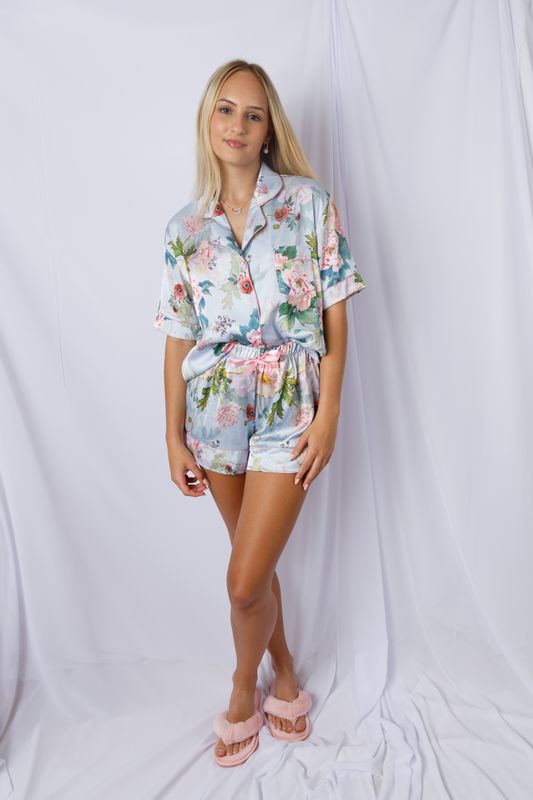 Blue floral satin shorts set