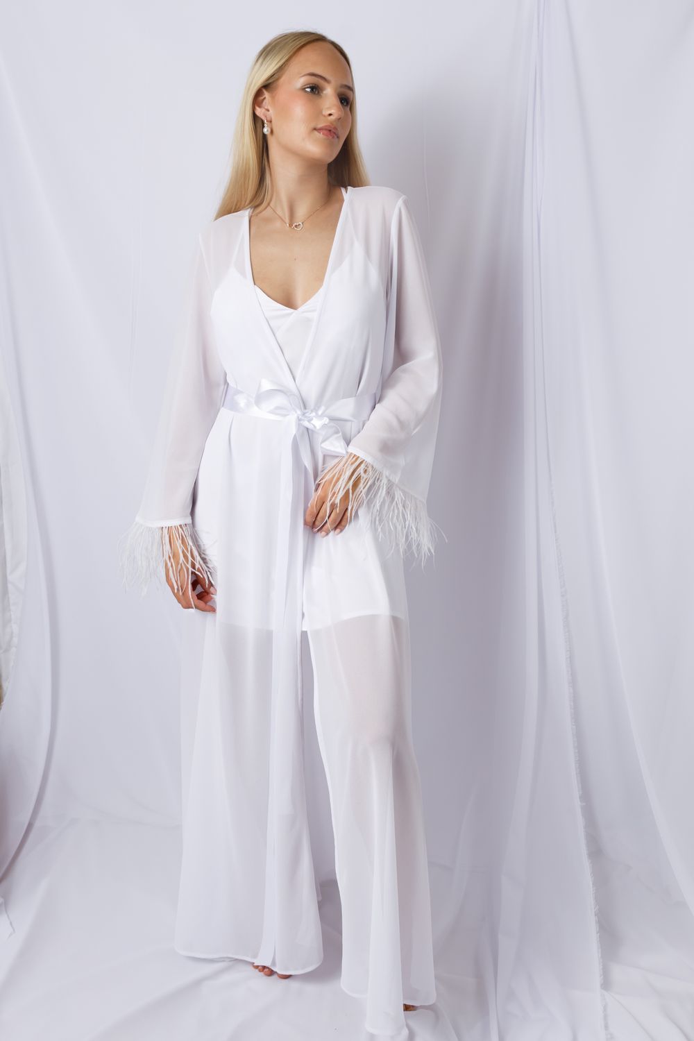 Megan bridal gown with sleeve feathers