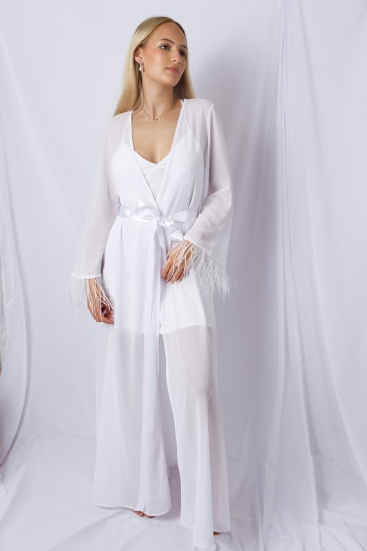 Megan bridal gown with sleeve feathers