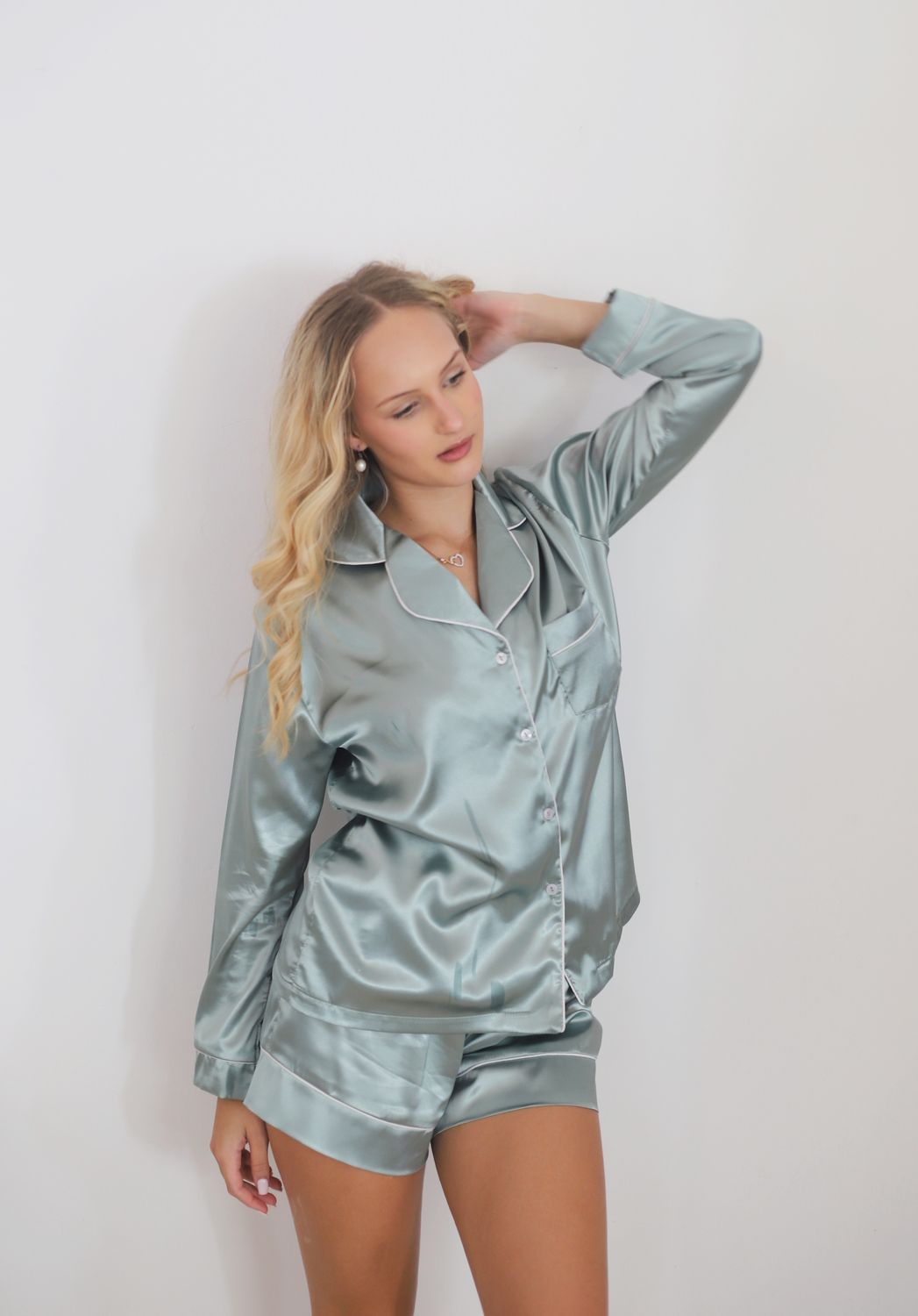 Stretch satin LS shorts set