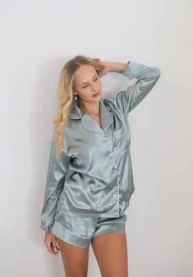 Stretch satin LS shorts set