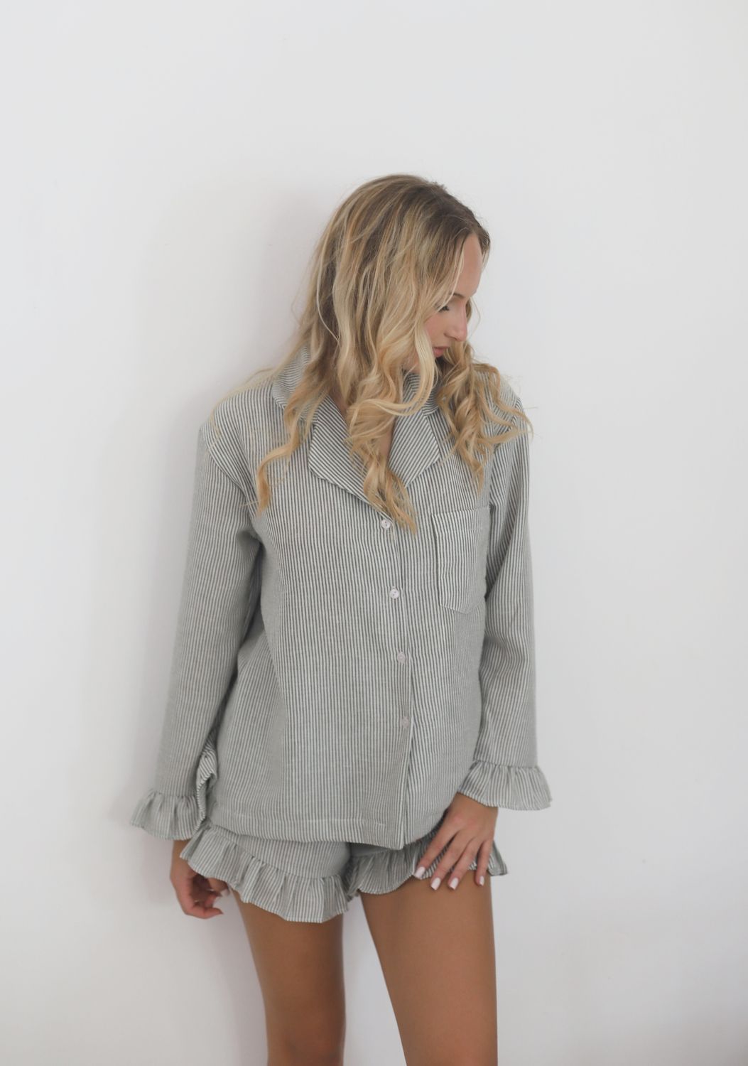 Sage stripe long sleeve  shorts set