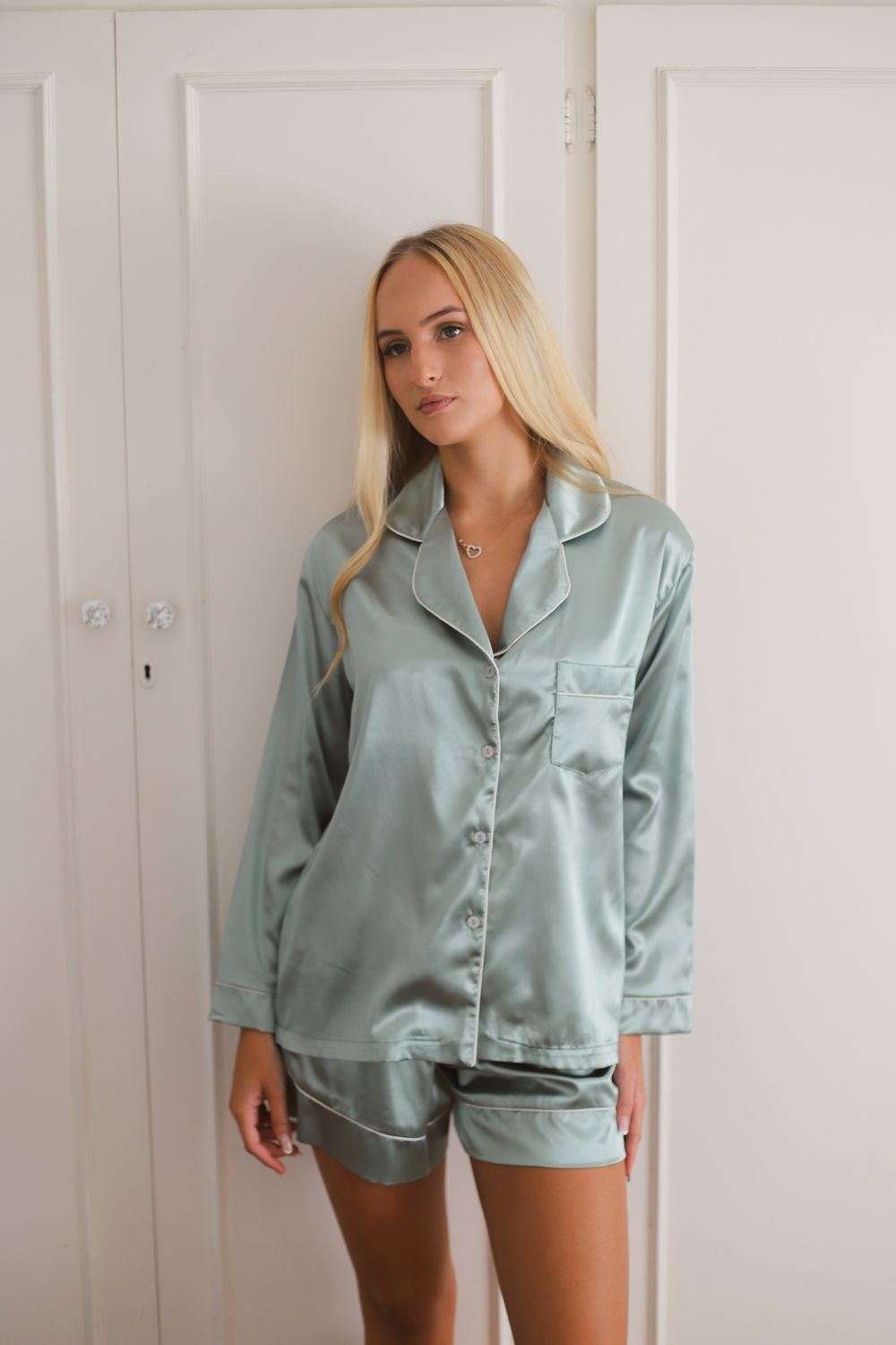 Stretch satin LS shorts set