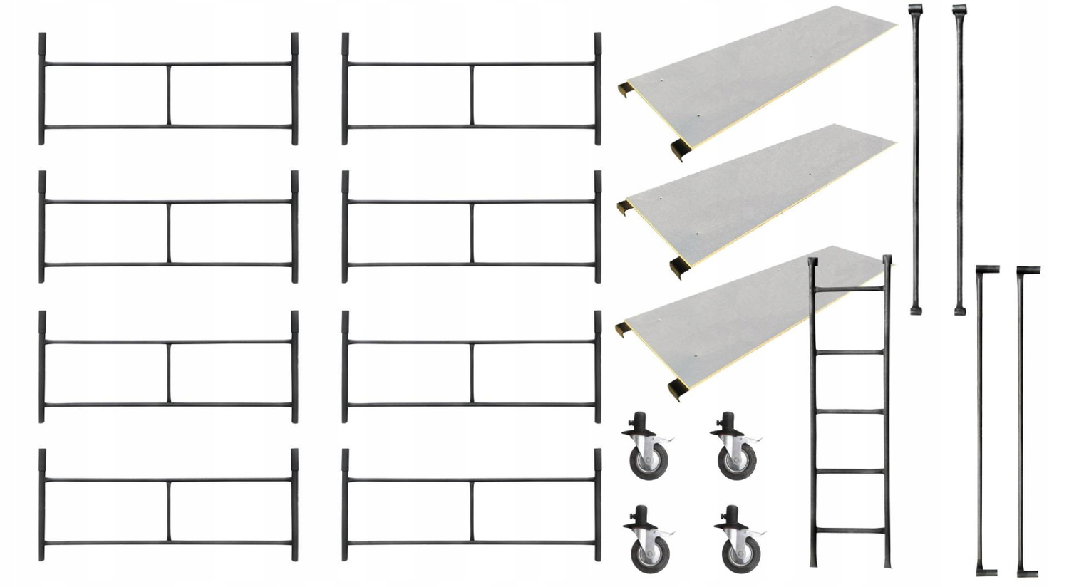 Rusztowanie warszawskie - 8 ramek, 4 koła 125 mm, 3 blaty, poręcza, stężenia, drabinka