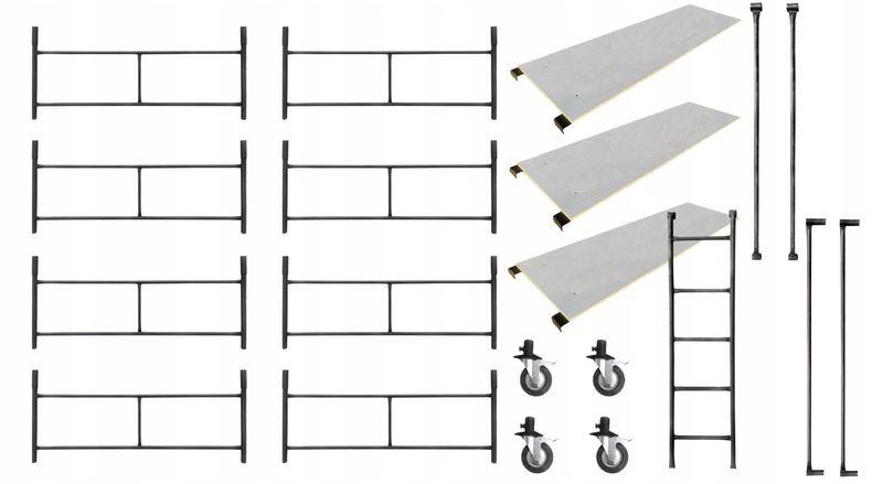 Rusztowanie warszawskie - 8 ramek, 4 koła 125 mm, 3 blaty, poręcza, stężenia, drabinka