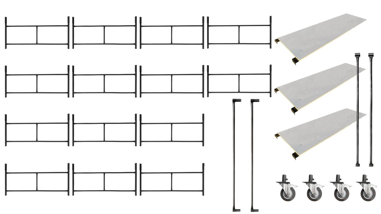 Rusztowanie warszawskie - Zestaw 14 sztuk + 4 koła 160 mm + 3 blaty + poręcze + poprzeczki