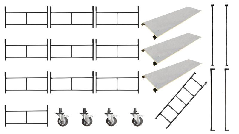 Rusztowanie warszawskie - Zestaw 10 sztuk standard + 4 koła 160 mm + 3 blaty + poprzeczki + poręcze + drabinka