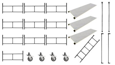 Rusztowanie warszawskie - Zestaw 10 sztuk standard + 4 koła 160 mm + 3 blaty + poprzeczki + poręcze + drabinka