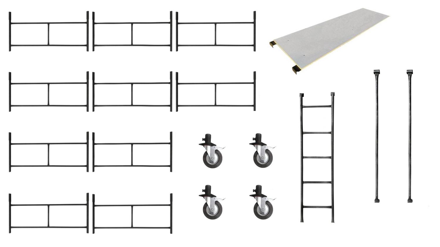 Rusztowanie warszawskie - zestaw 10 sztuk rama +4 koła 125 mm+ 2 poprzeczki + blat + drabinka