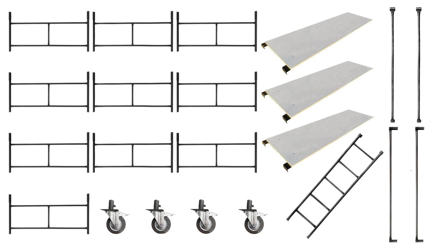 Rusztowanie warszawskie - 10szt + 4 koła 160 mm + 3 blaty + poprzeczki + poręcze + drabinka