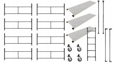 Rusztowanie warszawskie - 8 ramek, 4 koła 125 mm, 3 blaty, poręcza, stężenia, drabinka
