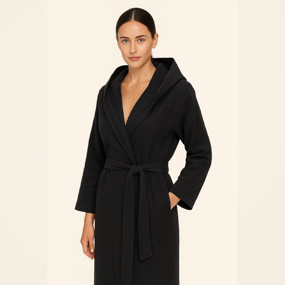 Szlafrok z kapturem czarny TIERRA Ramia (Len)