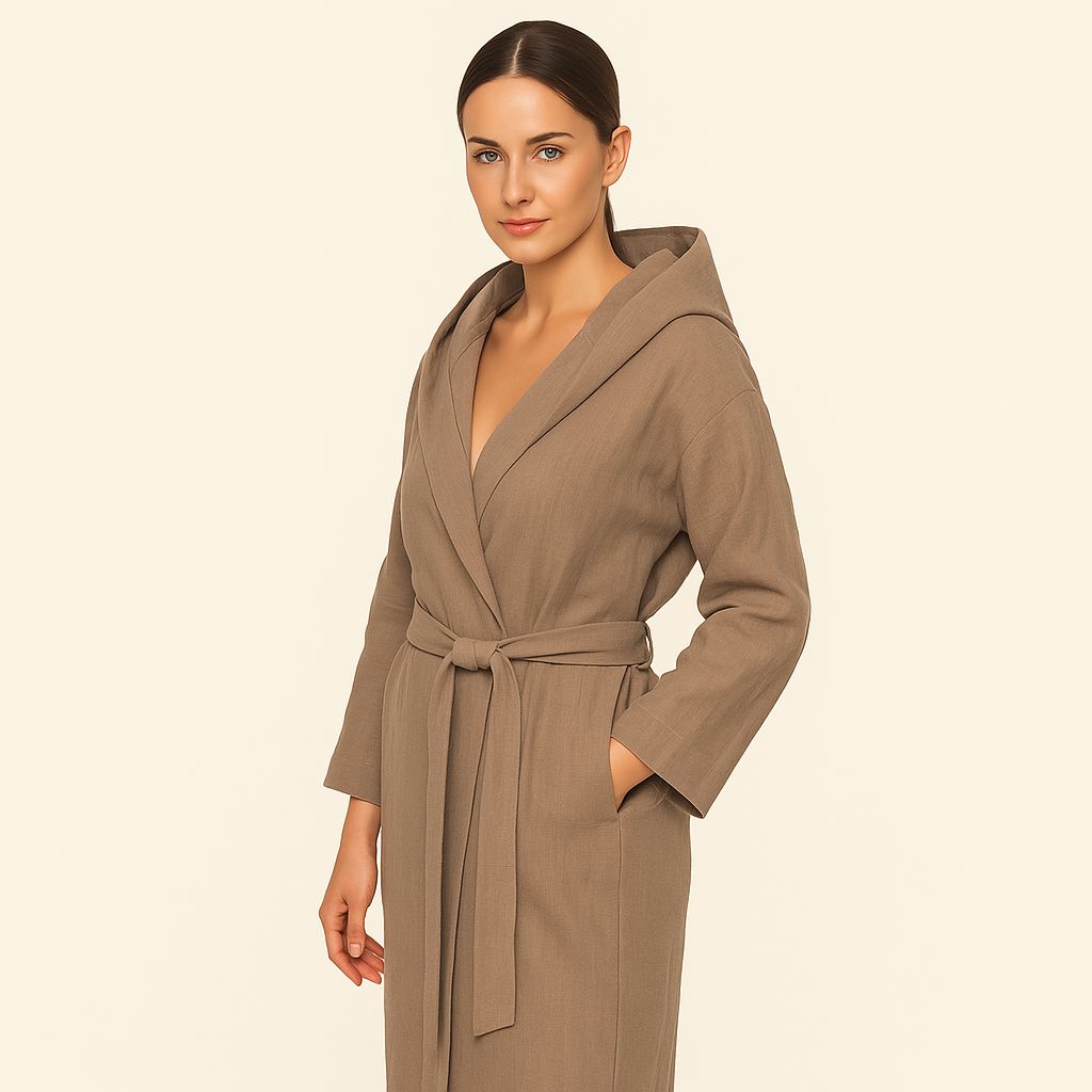 Szlafrok z kapturem taupe TIERRA Ramia (Len)