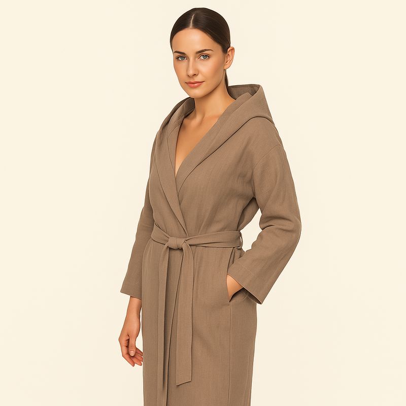 Szlafrok z kapturem taupe TIERRA Ramia (Len)