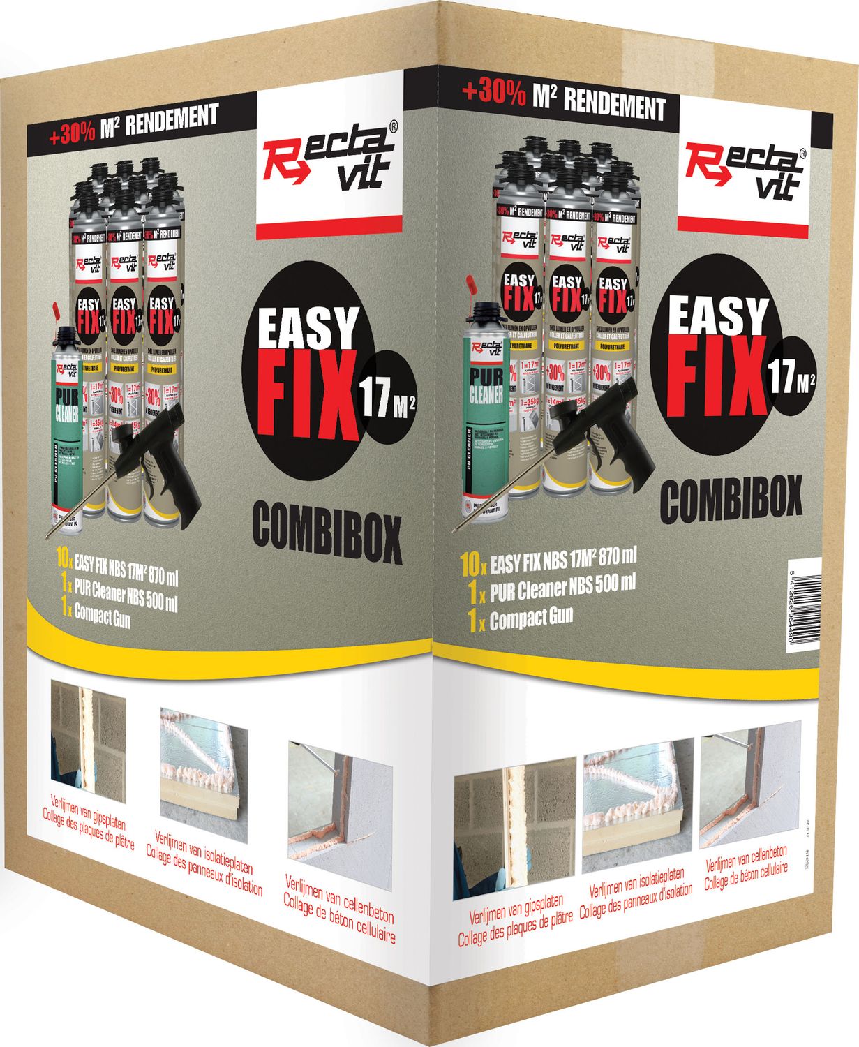 Rectavit Easy Fix Combibox 17m² -Professioneel lijmschuimsysteem met + 30% rendement "Rectavit kopen","lijmschuim voor isolatiepanelen","PUR lijm voor cellenbeton","Rectavit bouwproduckten"