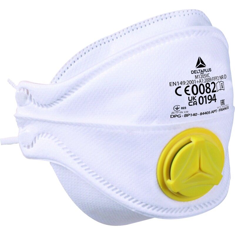 Delta Plus  M1205V Wegwerp adembescherming Doos met 10 FFP2-filtermaskers (ventiel) in niet-geweven synthetische vezel. Masker met 4 opvouwbare flappen aanpasbaar voor alle gezichtstypes.