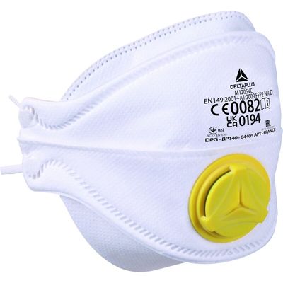 Delta Plus M1205V Wegwerp adembescherming Doos met 10 FFP2-filtermaskers (ventiel) in niet-geweven synthetische vezel. Masker met 4 opvouwbare flappen aanpasbaar voor alle gezichtstypes. Delta Plus M1205V Wegwerp adembescherming Doos met 10 FFP2-filtermaskers (ventiel) in niet-geweven synthetische vezel. Masker met 4 opvouwbare flappen aanpasbaar voor alle gezichtstypes.