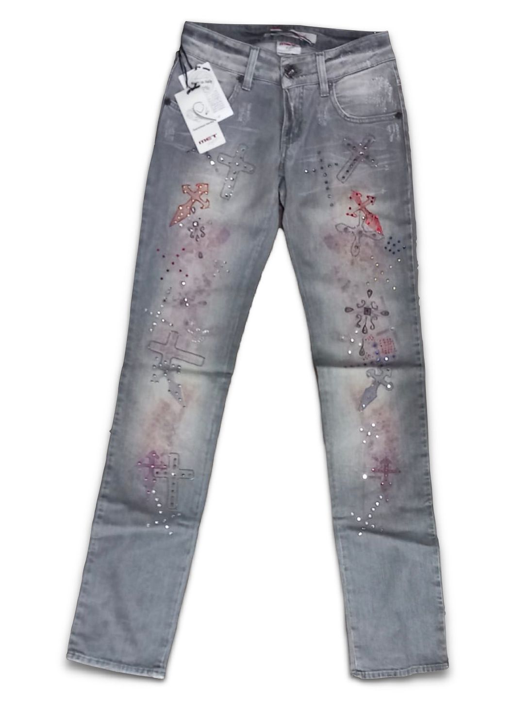 Jeans donna MET grigio slavato con applicazioni rosse sul davanti