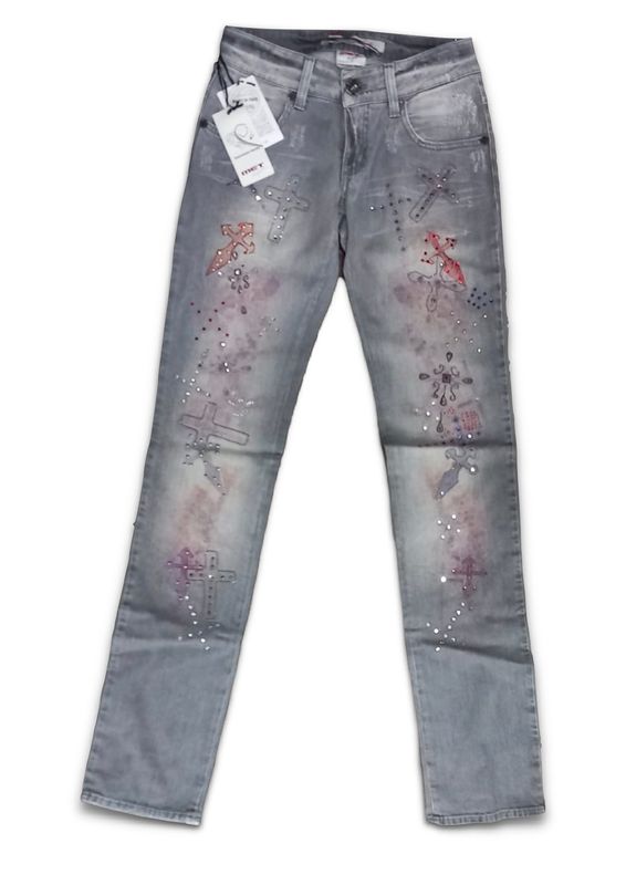 Jeans donna MET grigio slavato con applicazioni rosse sul davanti Jeans donna MET grigio slavato con applicazioni rosse sul davanti