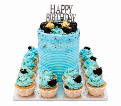 Classic Cake with 10 Matching Cupcakes on Board