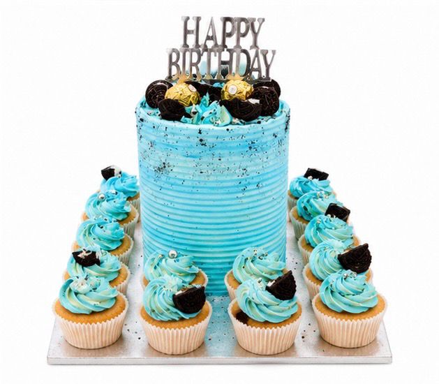 Classic Cake with 10 Matching Cupcakes on Board