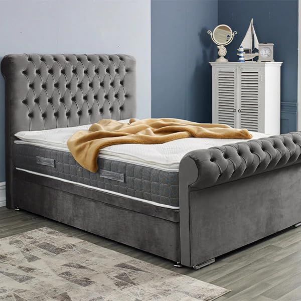 Sleigh Upholstered Bed Frame Velvet Slats or Gas Lift Single/Double/King/Super King Colours Available