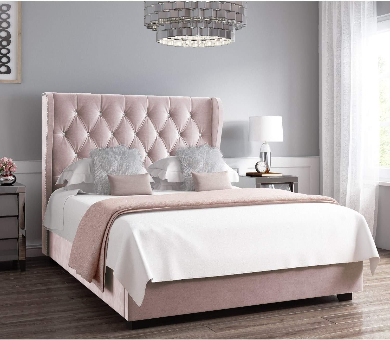 Safina Winged Bed Pink Velvet Available in Double King  Super King With Slats or Gas Lift Option