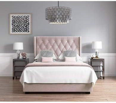 Safina Winged Bed Pink Velvet Available in Double King  Super King With Slats or Gas Lift Option