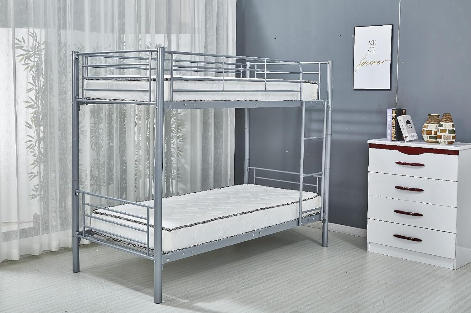 Grey Bunk Bed, Metal Grey Twin/Tripple Sleeper Bed with Ladder &amp; Safety Guardrails, Metal Slatted Bunk Bedstead for Adults Teenagers, No Box Spring Needed