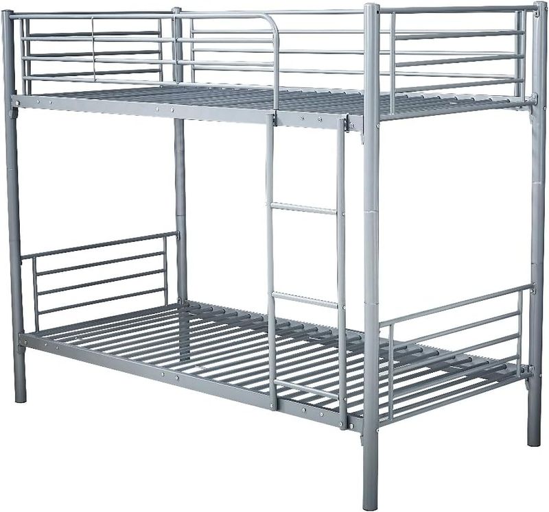 Grey Bunk Bed, Metal Grey Twin/Tripple Sleeper Bed with Ladder &amp; Safety Guardrails, Metal Slatted Bunk Bedstead for Adults Teenagers, No Box Spring Needed