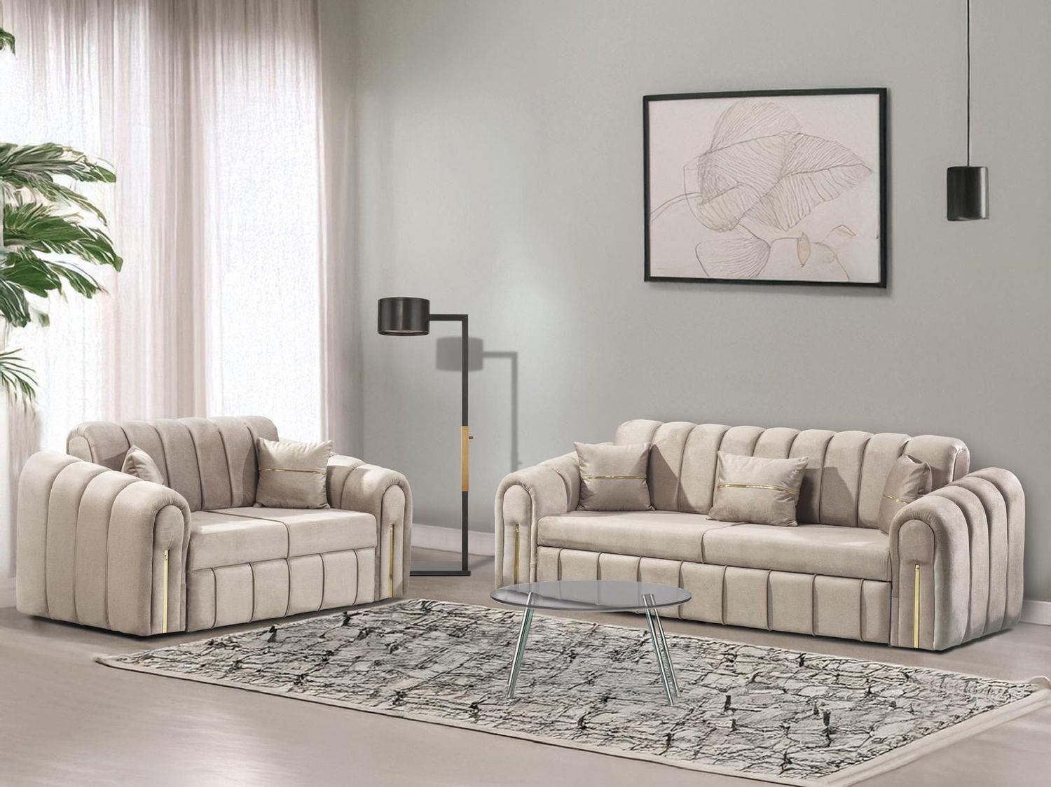 Vera 3 Seater (Sofa Bed) 2 Seater (Sofa) Upholstery Fabric Sofa For Living Space - Solid Wood And Plywood-MDF Construction - Grey and Cream Colour