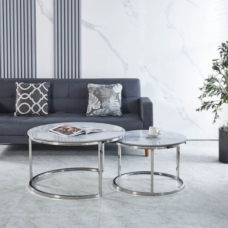 Enzo Nest of 2 Coffee Tables Colour Grey Ceramic Top  With Silver Base