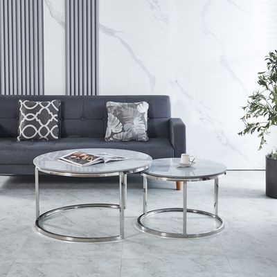 Enzo Nest of 2 Coffee Tables Colour Grey Ceramic Top  With Silver Base