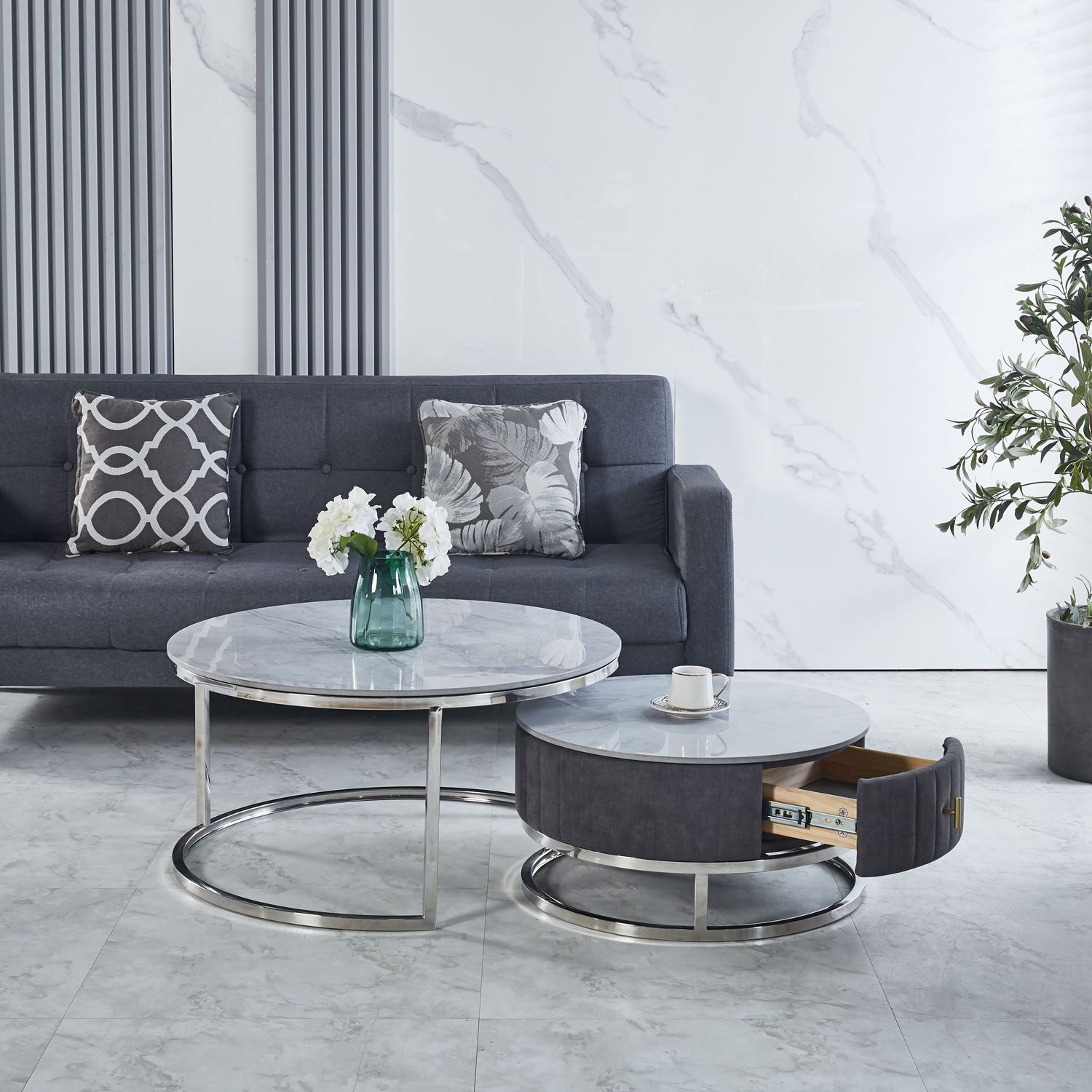 Enzo Nest of 2 Coffee Tables Colour Grey Ceramic Top  With Silver Base With Drawer