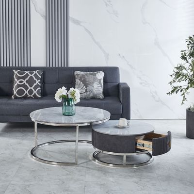Enzo Nest of 2 Coffee Tables Colour Grey Ceramic Top  With Silver Base With Drawer