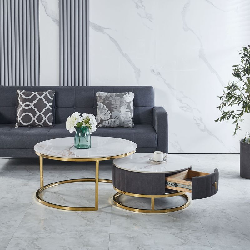 Enzo Nest of 2 Coffee Tables Colour Grey Ceramic Top  With Gold Base With Drawer