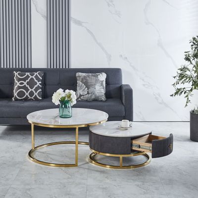 Enzo Nest of 2 Coffee Tables Colour Grey Ceramic Top  With Gold Base With Drawer