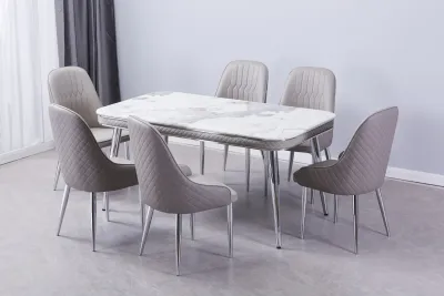 Luxe Dining Table With 6 Forma Chairs Grey/Silver and Cream/Gold