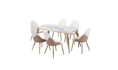 Nova Dining Table With 6 Forma Chairs Grey/Silver and Cream/Gold