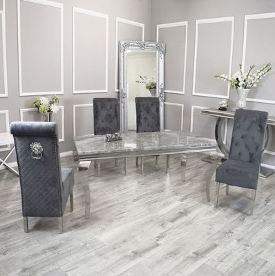 Clara 160cm Grey Marble Dining Table + Roxy Grey Lion Slim Knocker Plush Velvet Chairs