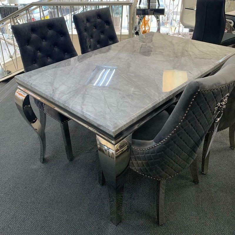 Clara 160cm Grey Marble Dining Table + Hazel Grey Lion Slim Knocker Plush Velvet Chairs