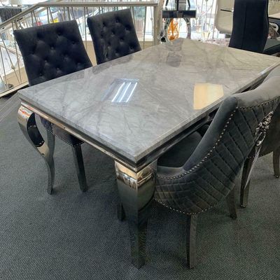 Clara 160cm Grey Marble Dining Table + Hazel Grey Lion Slim Knocker Plush Velvet Chairs
