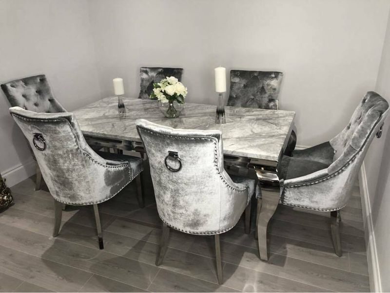 Clara 160cm Grey Marble Dining Table + Isabelle  Light Grey  Knocker Plush Velvet Chairs