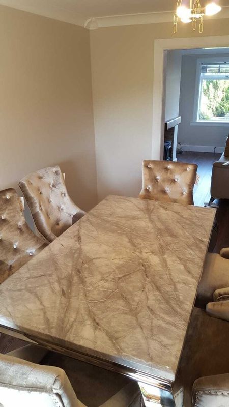Clara 160cm Grey Marble Dining Table + Isabelle  Light Grey  Knocker Plush Velvet Chairs